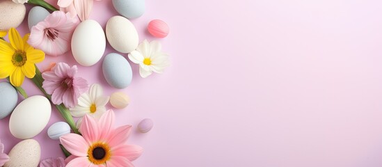 Aufkleber - Photo of a colorful arrangement of flowers and eggs on a vibrant pink background with plenty of space for text or design elements with copy space