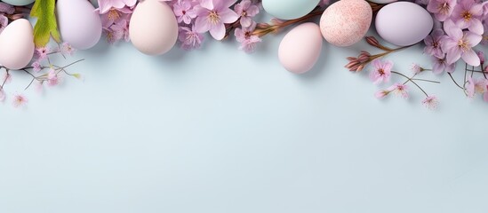 Poster - Photo of colorful flowers and decorated eggs on a vibrant blue background with copy space