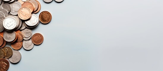 Poster - Photo of a stack of coins on a wooden table with empty space for text or design with copy space