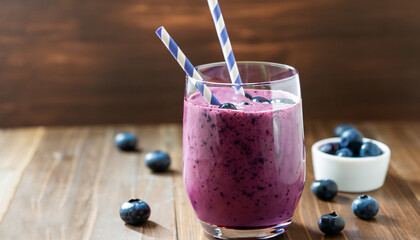 Canvas Print - glass of fresh homemade blueberry smoothie with straw on wooden table. Protein cocktail. Healthy drink