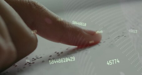 Poster - Animation of numbers over caucasian schoolchild reading braille