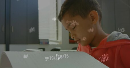 Poster - Animation of letters and numbers over biracial schoolboy reading braille