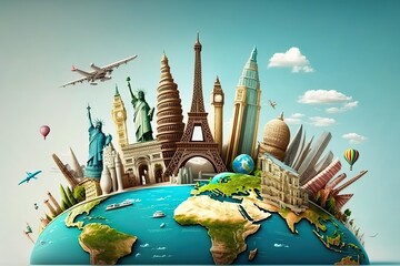 world tourism day with landmarks and transport. generative ai