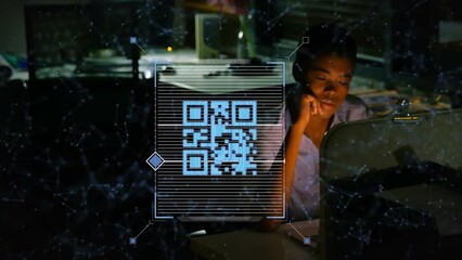 Poster - Animation of qr data processing over african american businesswoman with computer in office
