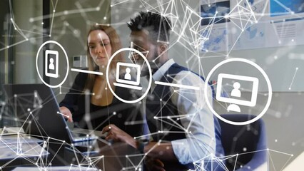 Poster - Animation of icons, connections and data processing over diverse business people in office