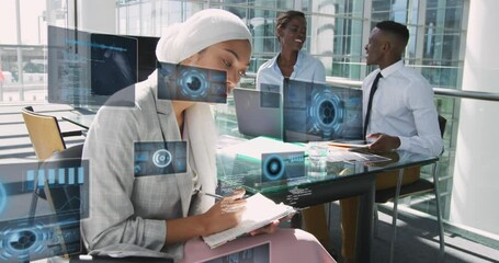 Poster - Animation of scopes and data processing against happy biracial woman in hijab taking notes at office
