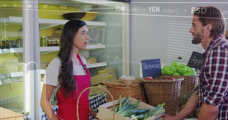 Poster - Animation of financial data processing over caucasian female shop assistant and male customer