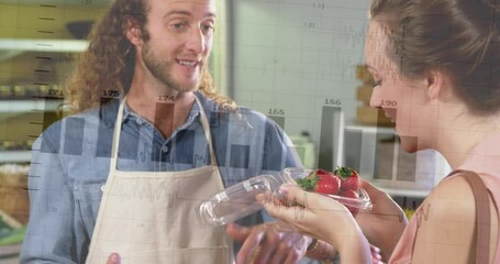 Poster - Animation of financial data processing over caucasian male shop assistant and female customer