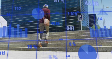 Poster - Animation of financial data processing over caucasian businessman in city