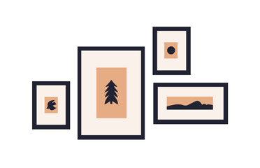 Poster - Framed pictures hanging on wall. Abstract modern interior posters group, paintings, photo art arrangement, placement, design for decoration. Flat vector illustration isolated on white background