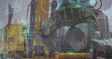 Poster - Animation of financial data processing and statistics over machinery in wasteland