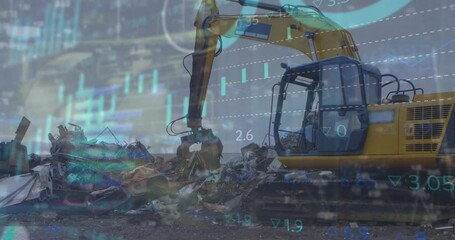 Poster - Animation of financial data processing and statistics over machinery in wasteland