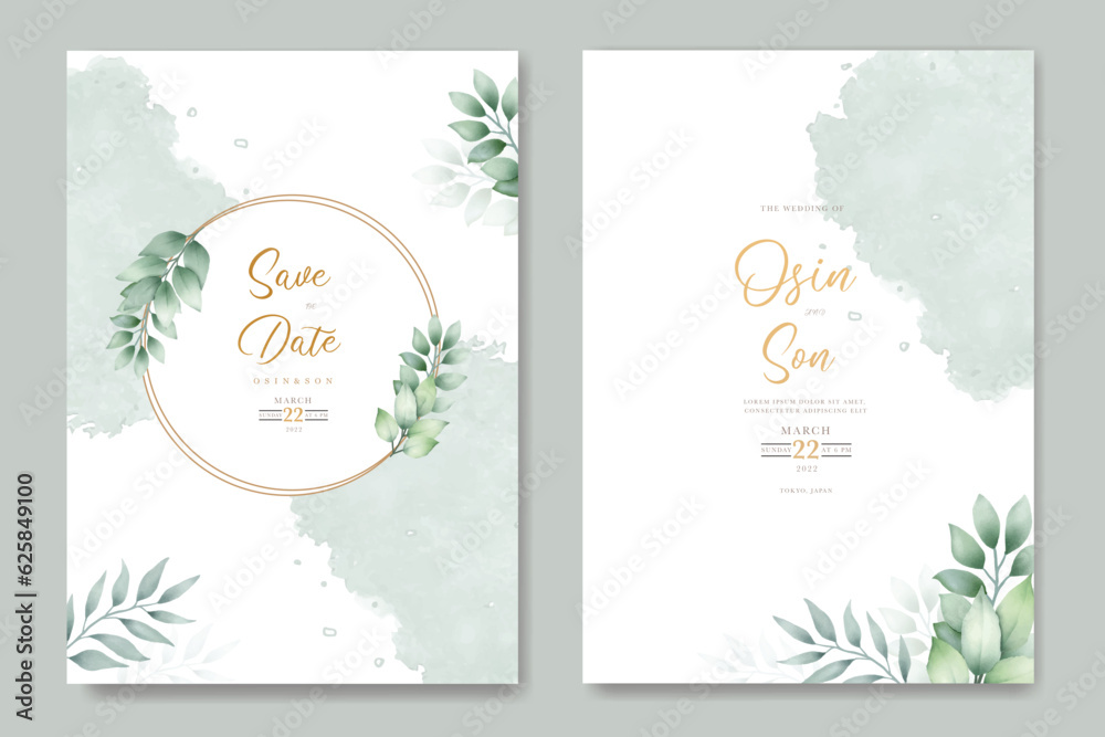 wedding invitation card with green leaves watercolor Stock Vector ...