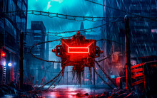 A Red Sign Is Sitting On Barbed Wire, Dystopian Future, Video Game Styel,