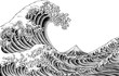 A Japanese great wave design in a vintage retro engraved etching woodcut style