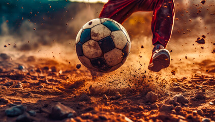a person kicks a soccer ball in the sand, close up