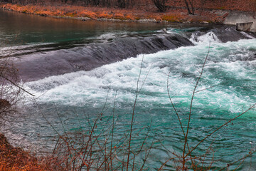 Flowing water of Po River in Italy . Travel nature background