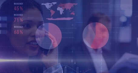 Poster - Animation of infographic interface over biracial businesswoman talking on smartphone at office