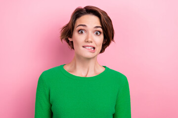 Sticker - Photo of funky staring nervous lady bite lips wear stylish clothes make mistake fail oops isolated on pink color background