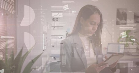 Poster - Animation of graphs and trading board over smiling biracial businesswoman surfing on digital tablet