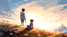 Illustration Of Happy And Relationship Moment With Kid Or Childen And Dog Looking The Sun In Painting Style.generative Ai Art