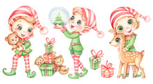 Set Of Cute Christmas Elves With Gifts. Watercolor Clipart Cute Santa's Little Helpers Gnomes And Presents Isolated On White Background. Hand Drawn Cartoon For Merry Christmas And Happy New Year Cards