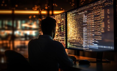 a people analyzing programming code on computer, in the style of back button focus, shaped canvas, luxurious, dao trong le, handheld, spatial, rtx on