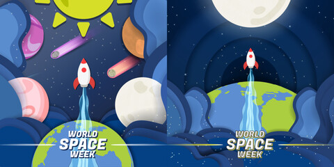 Wall Mural - Set of World Space Week Colorful Paper Craft Art. Bright and Vivid textured. Outer space with space ship from Earth, Sun and moon, asteroids. Vector Illustration.