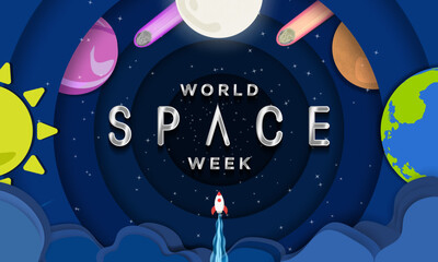 Wall Mural - Set of World Space Week metallic typography and pop up paper art concept style banner. Cute Origami Planets with texture, blue and red asteroids, and rocket ship launching into space. Vector Art.