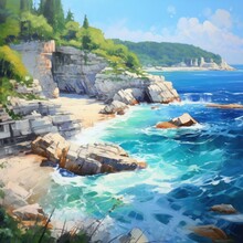Montenegro's Painting Displays An Aerial View Of Sea Waves And A Fantastic Rocky Coast. (Generative AI)