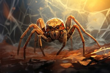 A spider on dirt ground with a net in the background. (Generative AI)
