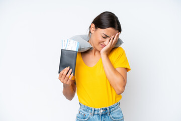 Poster - Woman with Inflatable Travel Pillow over isolated background with tired and sick expression