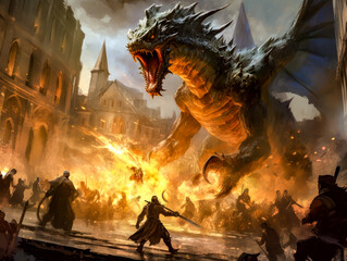 an artwork for the fantasy battlefront against two armies, one of them has a dragon flying over the battle