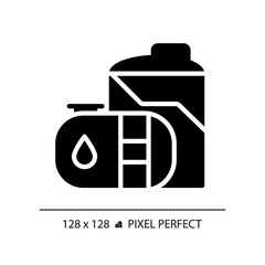 Poster - Oil refinery tank black glyph icon. Petroleum product. Refinery storage. Crude oil. Energy industry. Supply chain. Silhouette symbol on white space. Solid pictogram. Vector isolated illustration