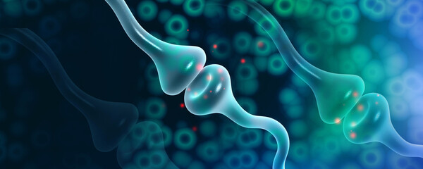 Poster - 3d rendering Synapse and Neuron cells sending electrical chemical signals