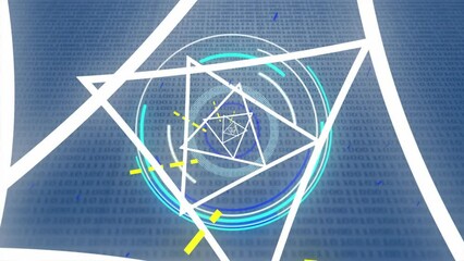 Poster - Animation of lines on triangular tunnel over circles, looping binary codes against blue background