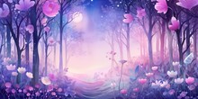  A Whimsical Depiction Of A Magical Forest With Purple Watercolor Flowers Blooming Amidst Tall Trees, Purple Watercolor Flowers Generative Ai Digital Illustration