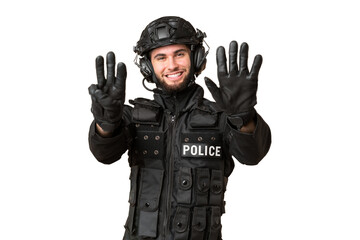 SWAT over isolated chroma key background counting eight with fingers