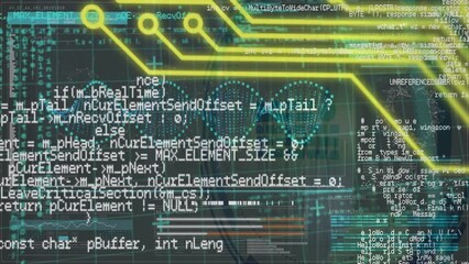 Poster - Animation of computer language over dna helix and loading bars against black background