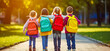 © Viks_jin - Back to school. Happy children ready for primary school. Pupils on first day of school. Girls and boys with backpacks. Education for kindergarten and preschool kids, digital ai