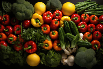 Wall Mural - An overhead view of fresh different vegetables. Bell peppers, herbs, broccoli. Vegetable wallpaper for fresh produce market.