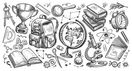 Wall Mural - Set of school items. Sketch illustration in hand drawn doodle style. Back to school, education concept