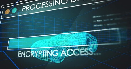 Poster - Animation of multiple text and loading bars over computer language against 3d model of car
