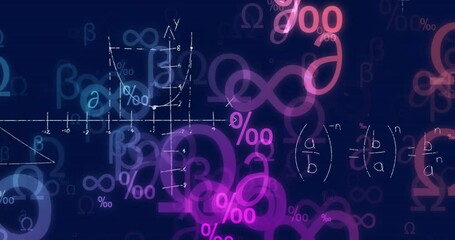 Poster - Animation of mathematical equations, symbols and diagrams over lens flares on black background
