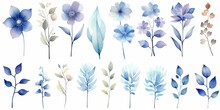 A Serene Collection Of Transparent Watercolor Flowers. Delicate Blue Blossoms In Soft Pastel Hues. Generative AI Digital Illustration