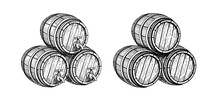 Wooden Barrels. Hand Drawn Style. Engraved Style Alcohol, Wine, Beer Or Whiskey Label. Vintage Old Wood Keg. Vetor