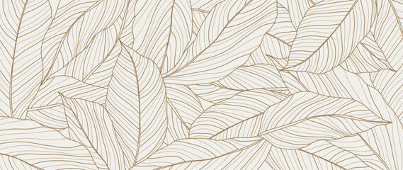 Wall Mural - Botanical leaf line art wallpaper background vector. Luxury natural hand drawn foliage pattern design in minimalist linear contour simple style. Design for fabric, print, cover, banner, invitation.