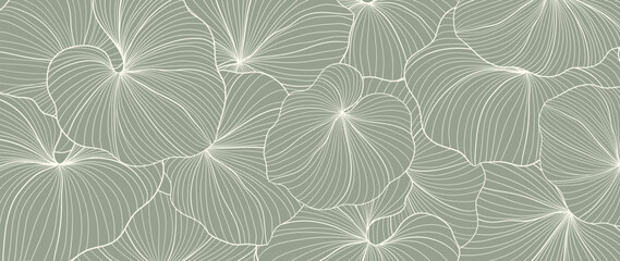 Botanical lotus leaf line art wallpaper background vector. Luxury natural hand drawn foliage pattern design in minimalist linear contour simple style. Design for fabric, cover, banner, invitation.