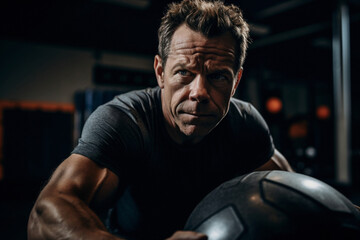 Extremely fit man in his 50s in workout, neutral blurred background