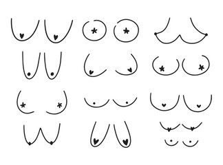 Aufkleber - Hand drawn woman breast collection. Different kinds of woman breast on white background. Doodle vector illustration.